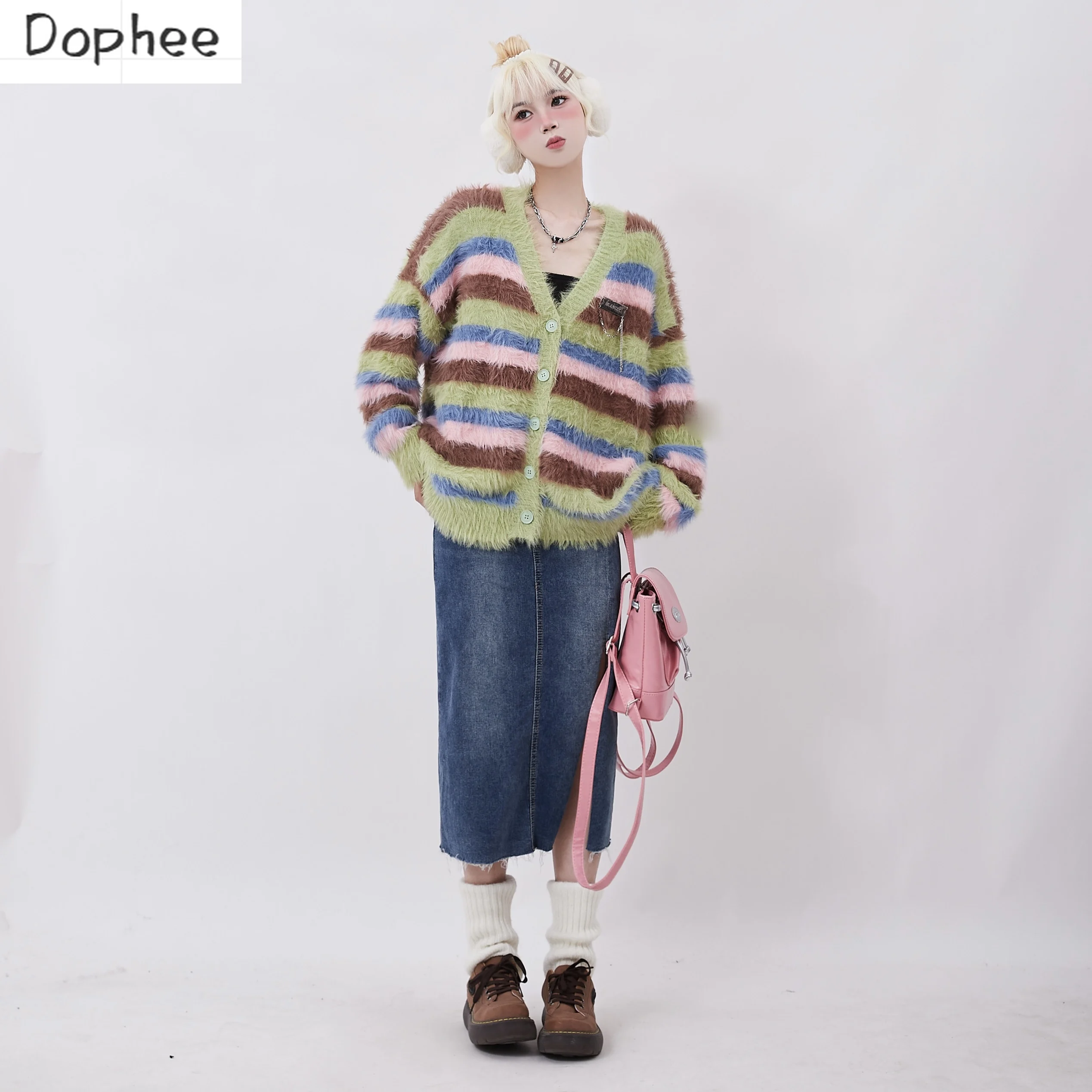 

Dophee New Autumn Winter Lazy Wind V-neck Knitted Cardigans Coat American Style Single-breasted Long Sleeve Casual Sweater Top