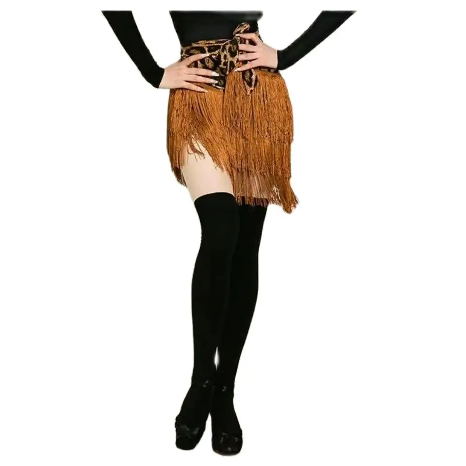 Latin Dance Skirt Leopard Print for Women Glitter Twinkle Fringe Wrap Skirt for Satge Performance Ballroom Costume Rave Party dance skirt
