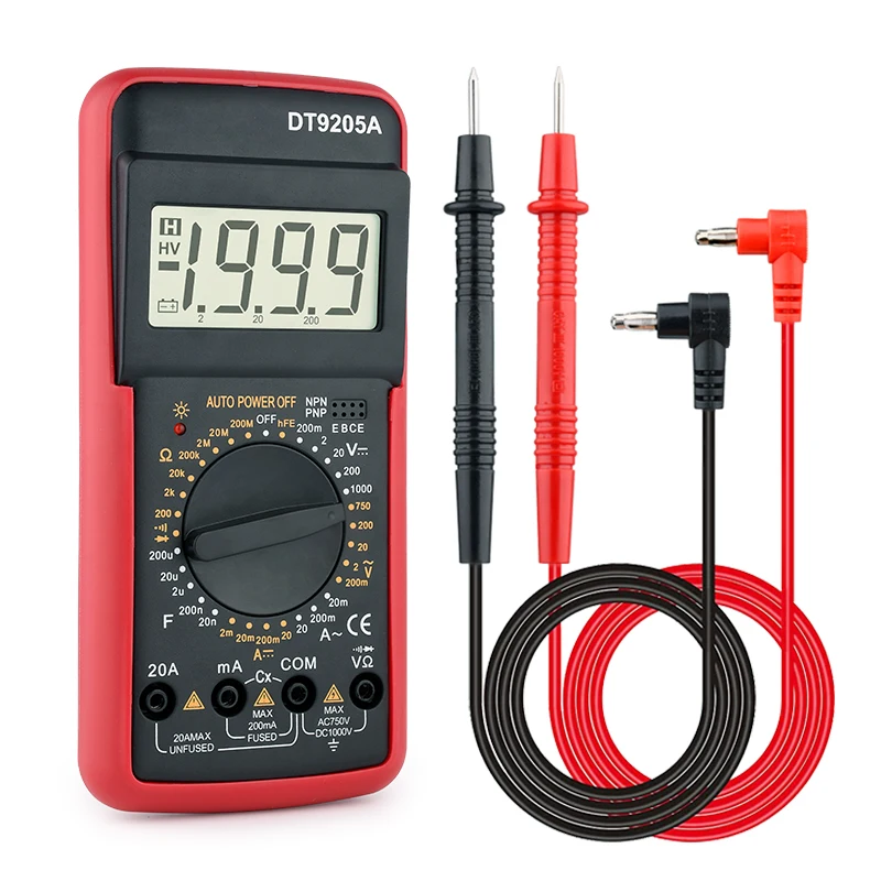 Riwesomey Multímetro digital DT9205A Multímetro Tester Medidor de voltaje  de rango manual True RMS Transistor Tester Herramienta de electricista  Medidores de medidas dimensionales rojo Riwesomey TO000611-02