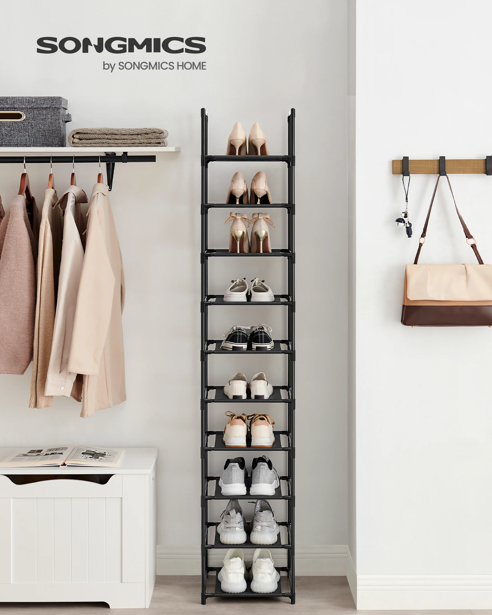 SONGMICS 10-Tier Shoe Rack, Shoe Stand, Space-Saving Shoe Storage, 33 x 33 x 173 cm, Metal Frame, Non-Woven Fabric Shelves