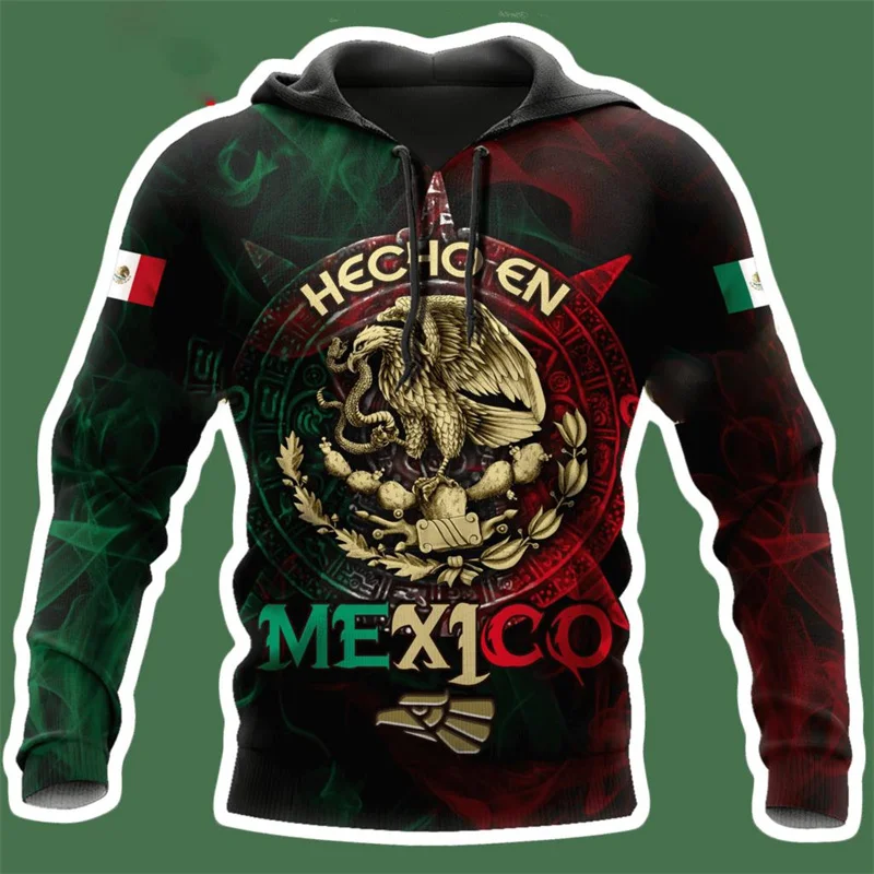 thumbnail image 1 of Sudadera con capucha con estampado 3D de la bandera de México y emblema nacional para hombre, sudadera de manga larga con estampado mexicano azteca, ropa de calle, 1 of 5