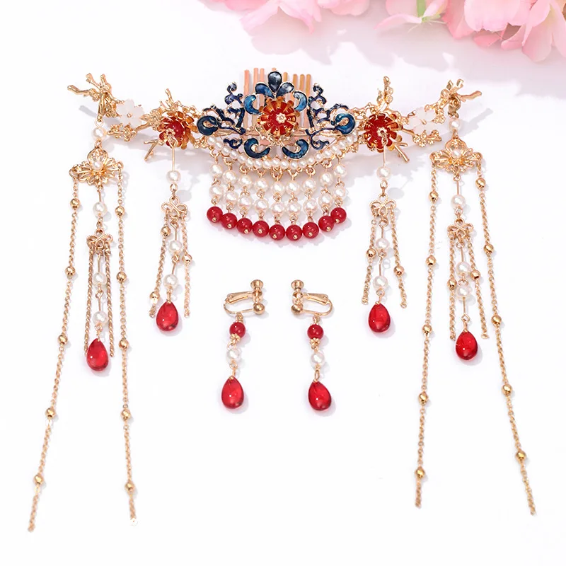 

Chinese Style Hair Comb Intercensal Red Vintage Hair Crown Han Costume Ancient Fringed Headdress Bridal Wedding Accessories
