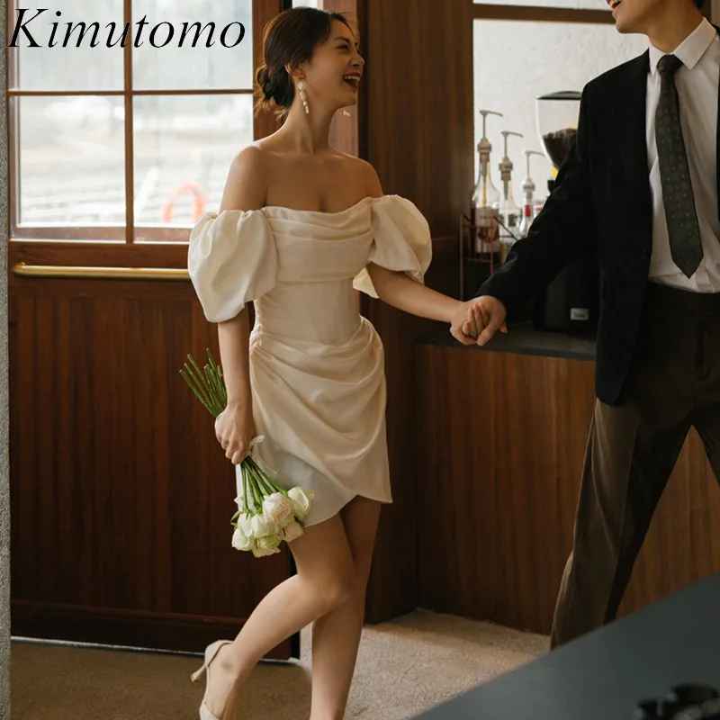 

Белое Атласное короткое платье Kimutomo на одно плечо для женщин, соблазнительные обручальные платья с низким вырезом, Простое Элегантное платье во французском стиле