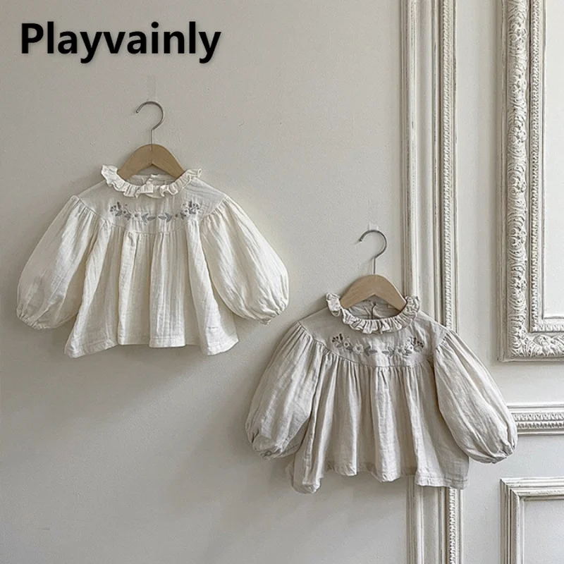 

Korean Style Spring Autumn BabyGirl Shirt Floral Embroidery Agaric Edge O-neck Lantern Sleeve Doll Shirt Newborn Clothes E7311