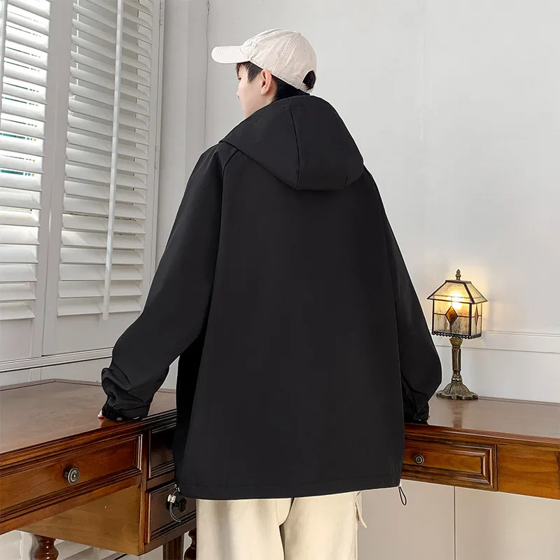 Large size jacket, men's hooded loose work clothes, trendy mountain outdoor fat casual men's waterproof windproof assault suit