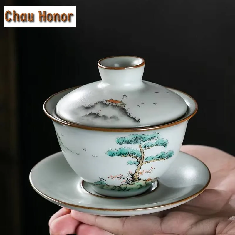 170ml Ancient Hand-painted Landscape Gaiwan Handmade Ru Kiln Porcelain Bowls Tea Tureen Tea Maker Cover Bowl Teaset Decoration