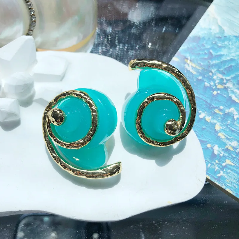 French Vintage Qing New Ocean Blue Series Conch Gold Plated Ear Studs and Ear Clips