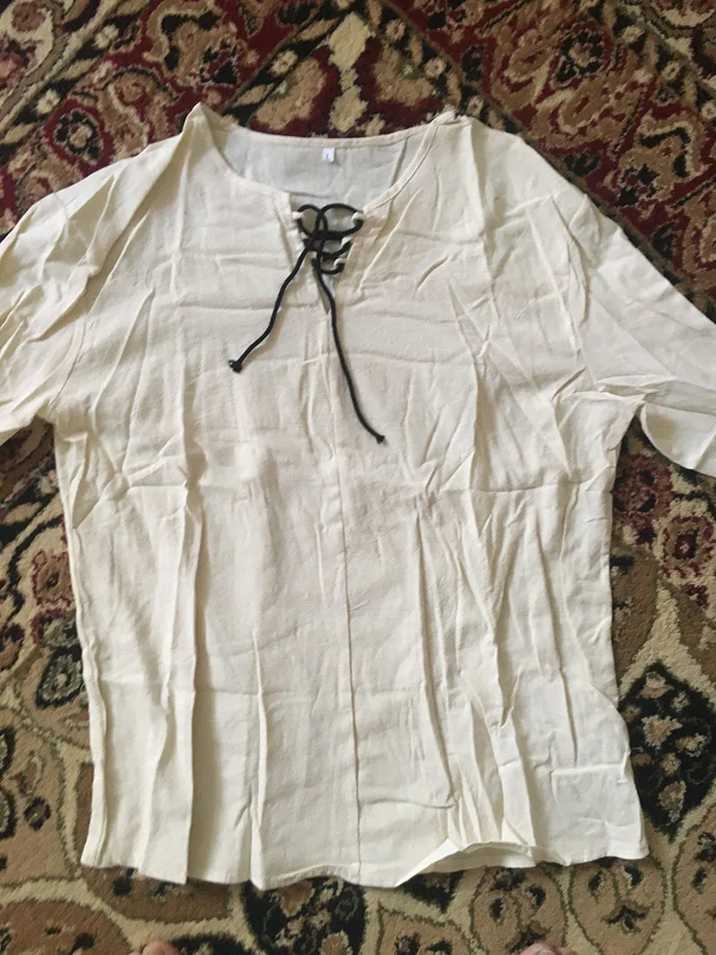 Men Cotton Linen Drawstring V Neck Long Sleeves Solid Color Casual Cool Tops Vikings Costume M-6XL cotton shirt long sleeve shirt