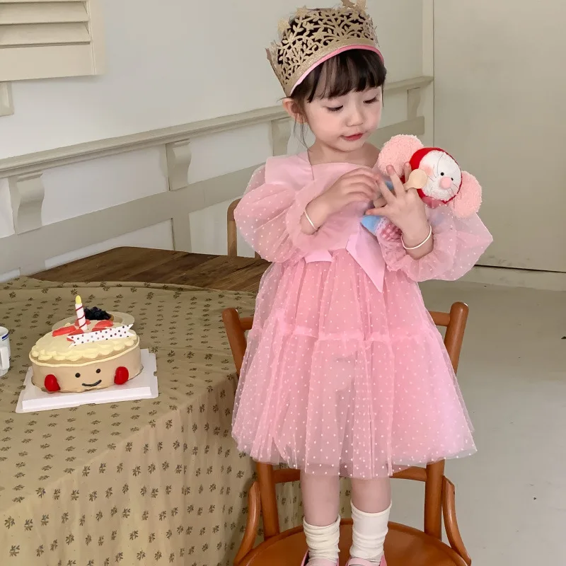 

Spring New Kids Dress Children Dotted Mesh Long Sleeve Dress Girls Party Dresses