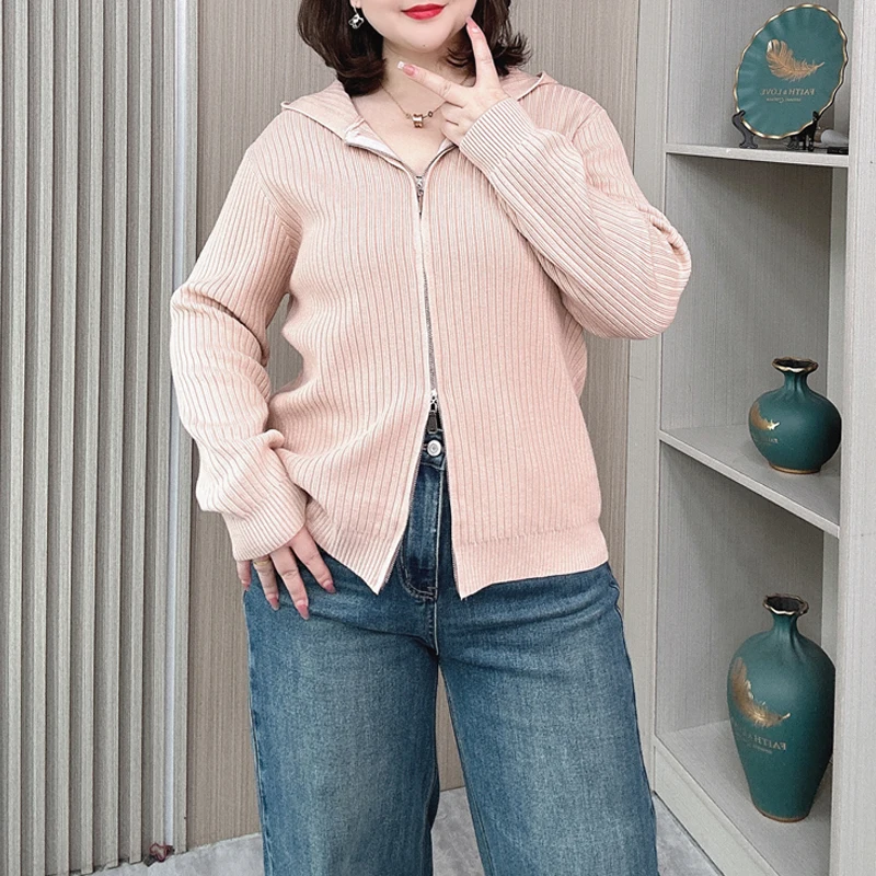 Women's Hooded Knitted Cardigan Coat, Loose Two-Way Zipper Sweater, Plus Size Jumpers, Autumn, Winter, 2261