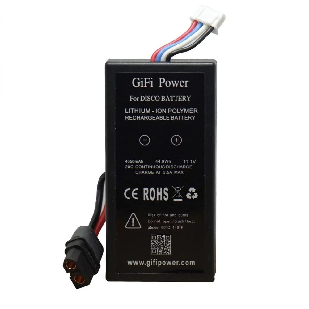 Batterie 4050mAh 11.1V 20C pour drone Parrot Disco, câbles et connecteurs XT60 en gros plan.
