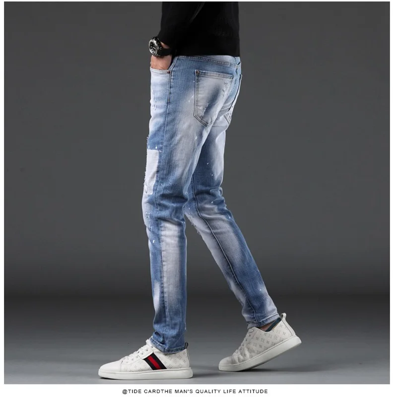 EH · MD Splash Paint Blue Jeans Men's Summer Slim Fit Cotton Casual Cat Must Do Old Pencil Pants Zipper Red Ear High Elasticity
