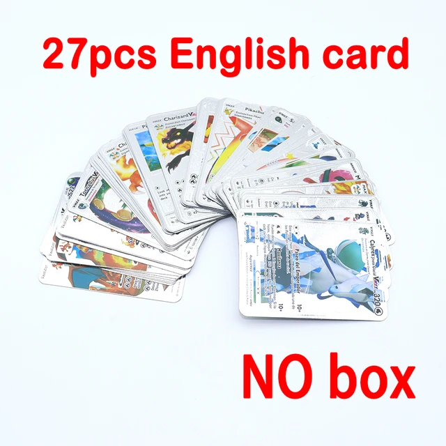 Pokemon Metal Card Spanish Box Gold Black Golden Letters Silver English Vmax Gx Collection Charizard Pikachu Cards Pack Toy Gift 27pcs English silver