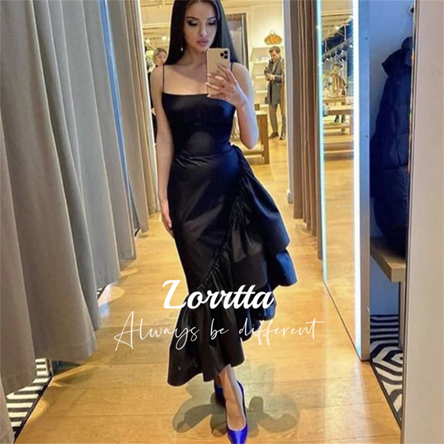

Lorrtta Black Satin Evening Gown Mermaid Asymmetrical Ruffled Saudi Arabian Spaghetti Strap Long Prom Party Dress Dresses Formal