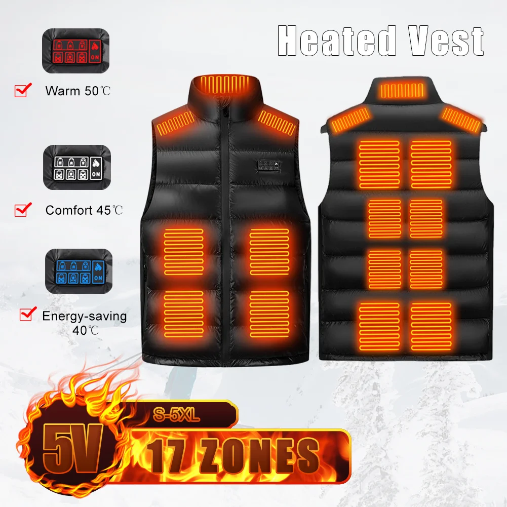 

17 Areas Heated Jacket For Men Women Heating Down Vest USB Powered 3 Gear Temperature Control Winter Warm Outdoor Hiking Camping
