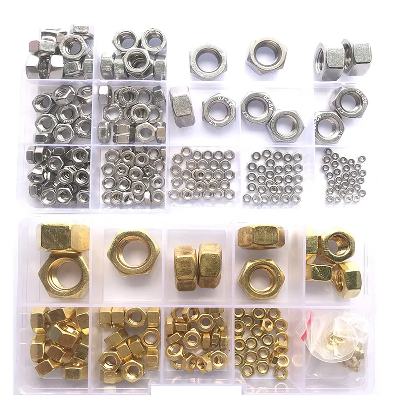 Porca Sextavada Conjunto 112 220 Pcs 304 Porca Sextavada de Porca Sextavada de Latão Sólido para m2 M2.5 m3 m4 m5 m6 m8 M10 M12 Parafuso Aço Inoxidável
