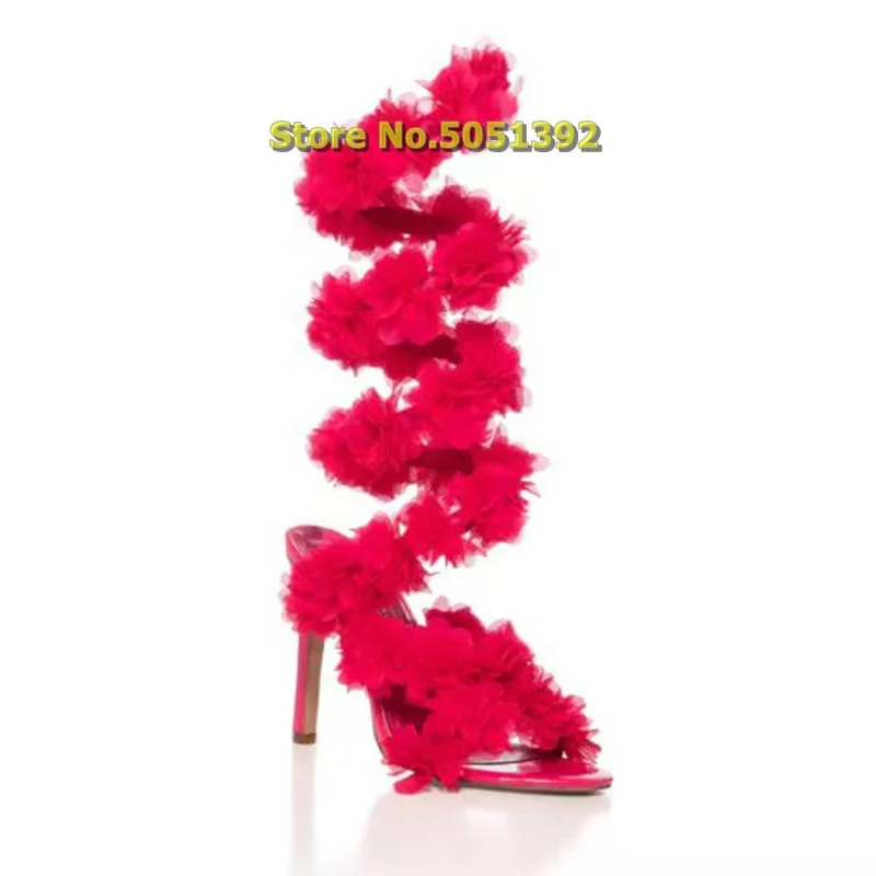 

Red Fur Twine Stiletto Heel Sandals Open Toe Flower Twist Strappy 2023 Summer Women Dress Shoes Thin High Heel Open Toe Sandals