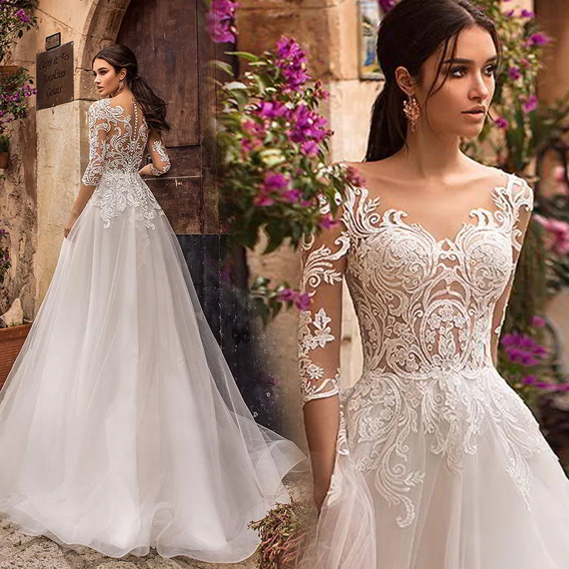 

Sexy Illusion Neck Vestidos De Novia Appliques Vestido De Noiva Plus Size Wedding Dresses Lace Robe De Mariée