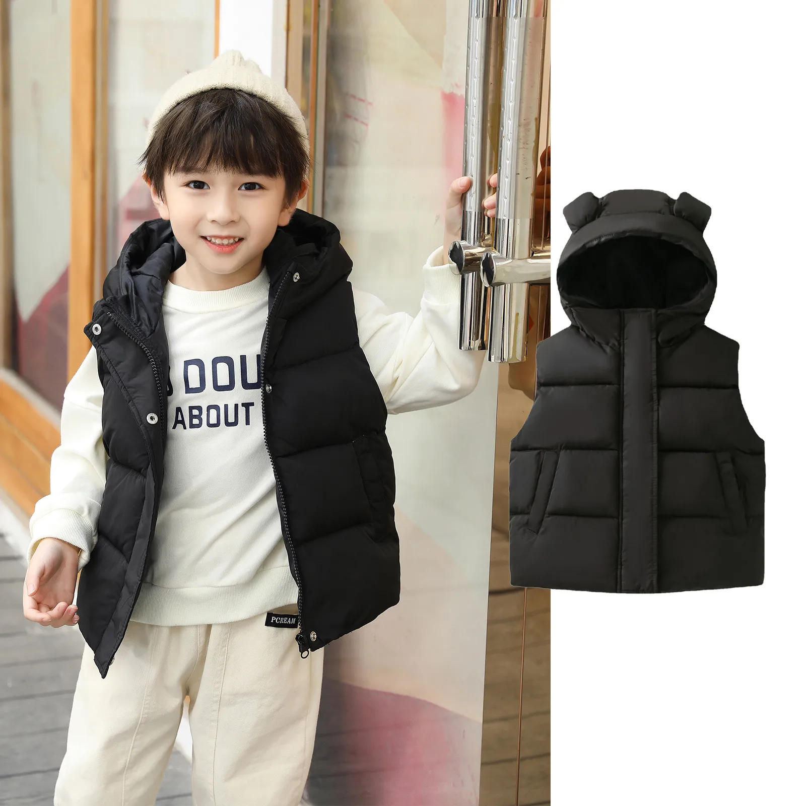 Girls Lightweight Jacket Toddler Boys Girls Sleeveless Winter Warm Outwear Vest Jacket Coat Bear Ears Solid Kids Snow