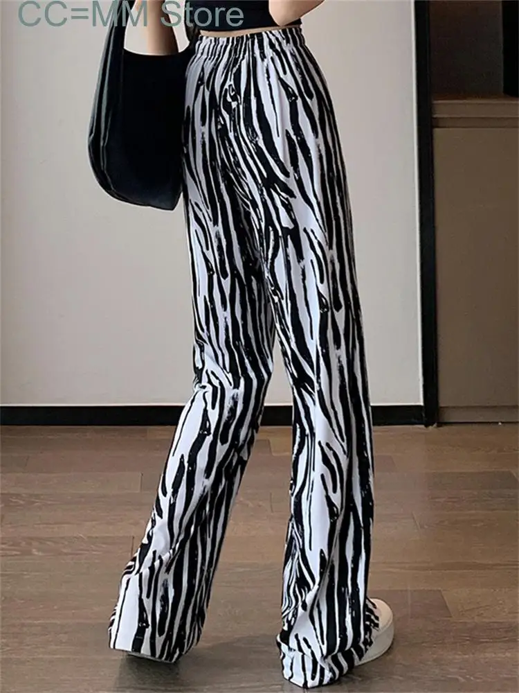 New Zebra Stripes Pants Women Streetwear Elastic Waist Drawstring Wide Leg Pants Women Straight Full Length Pants