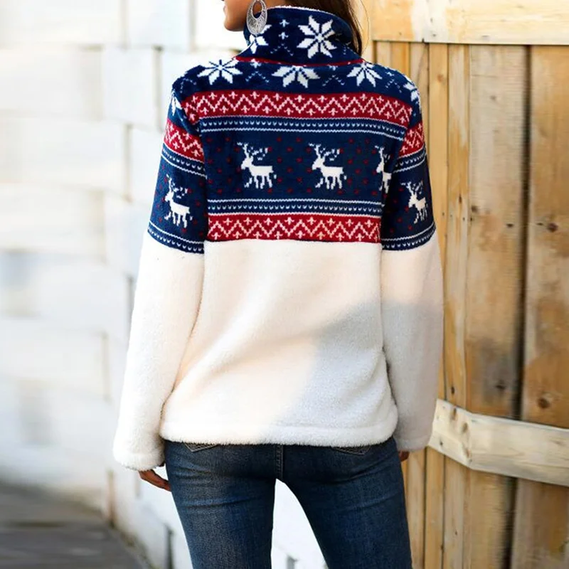 Women 2024 Autumn Winter Fashion Korean Fleece Christmas Stand Collar Pullover Female Pattern Print Loose Patchwork Sweatshirt