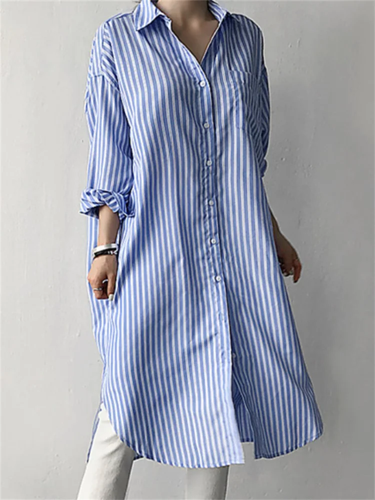 

Button Up Striped Shirt Women Casual Mid-length Blouse Female Fashion Lapel Shirt Ladies Loose Straight Shirt Spring Summer