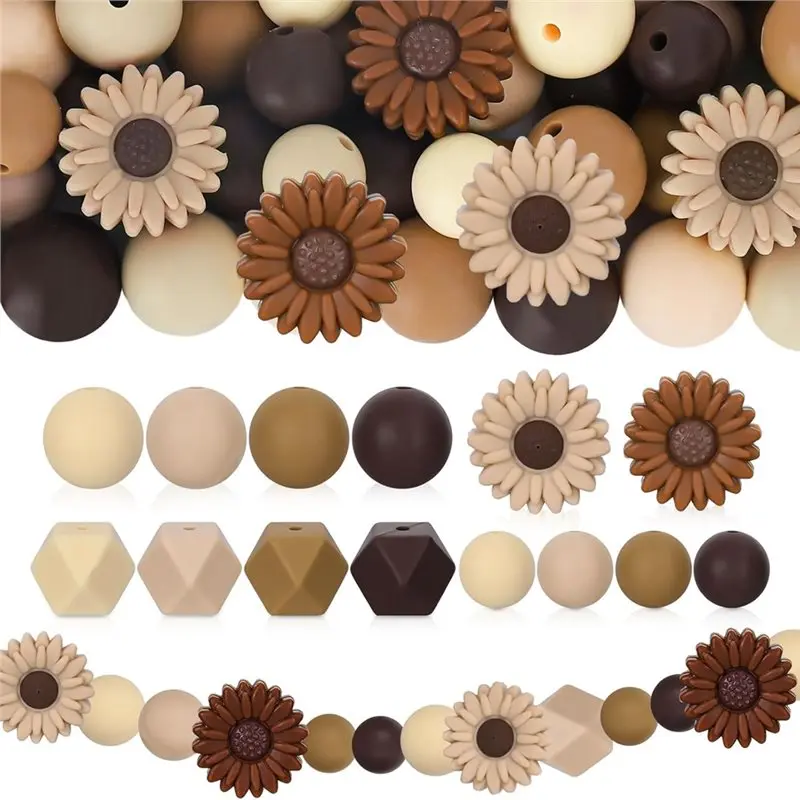 RMWIN-100 Pcs 데이지 꽃 실리콘 라운드 육각형 루즈 비즈 DIY 공예 보석 목걸이 팔찌 키 체인 만들기 브라운