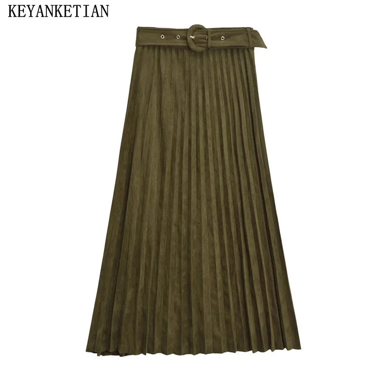 

KEYANKETIAN 2024 New Launch Women's With Belt Long Pleated Skirt Faux Leather Suede Effect Zipper High-waisted A-line MIDI Skirt