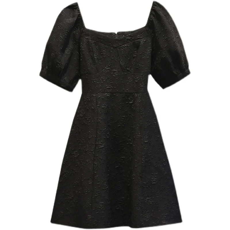 

Summer Sexy Mini Black Party Dress Square Collar Short Sleeve Jacquard Evening Prom Dresses For Women Female Plus Size Clothing