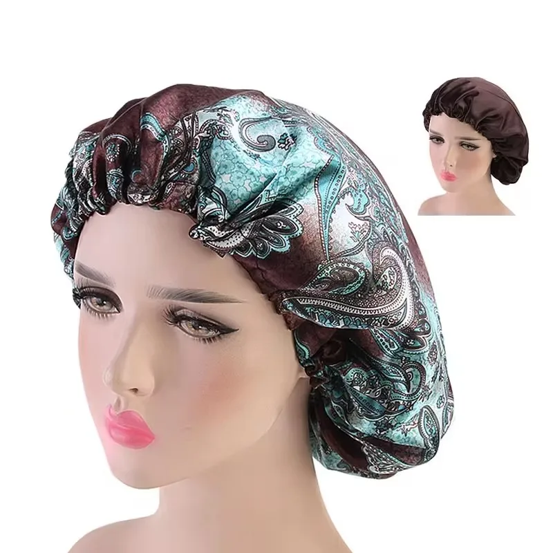 Extra Large Double Layer Silk-like fabric Bonnet Sleep Cap with Premium Elastic Band For Women Head Wrap 5