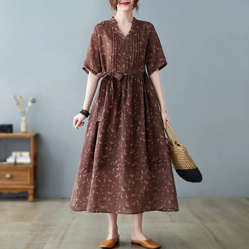 

2022 New Arrival Korea Style Folds Print Floral Fashion Women Casual Summer Dress Sashes Office Lady Work Midi Dress