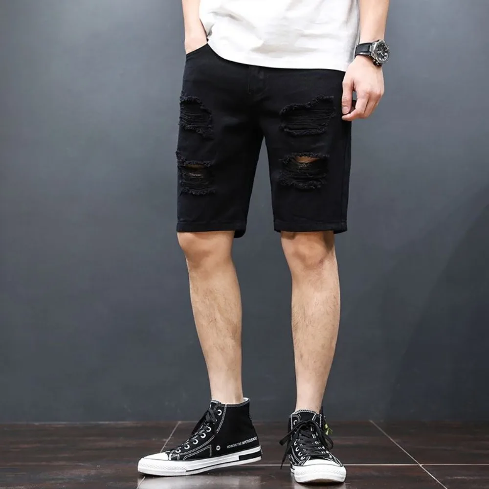 Invisible Open Crotch Outdoor Sex Summer Ripped Denim Shorts Men's Casual Jeans Streetwear Trend Five Points Pants Breeches