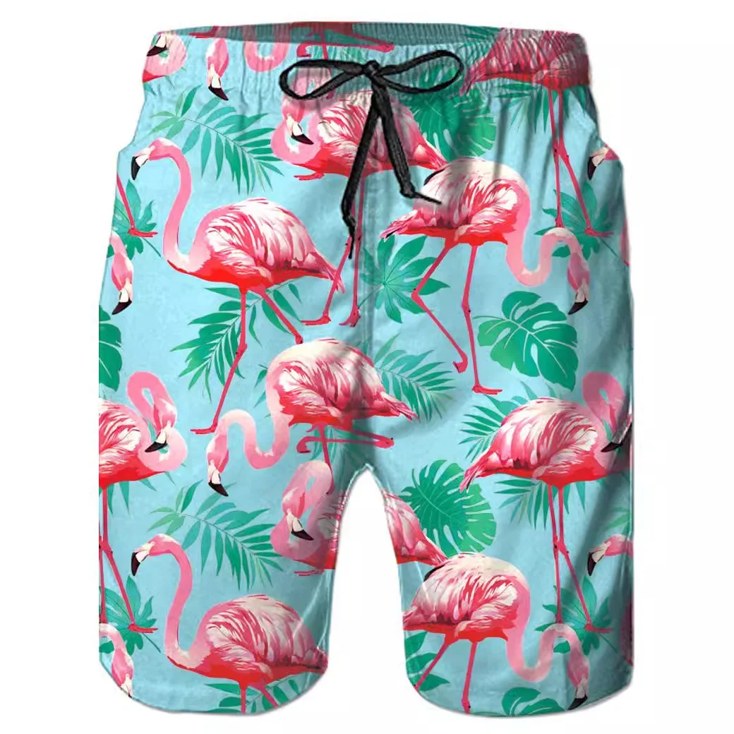 Mens Casual Beach Shorts Flamingo Print Surfing Trunks