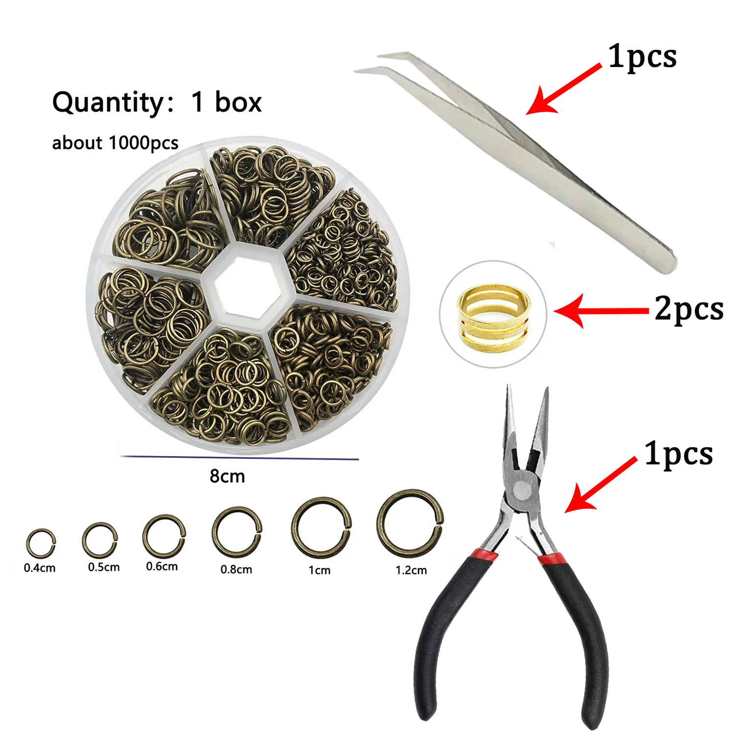 Assorted Jump Rings Set with Opening Tool for DIY Crafts - 1000 Pieces in 6 Sizes
