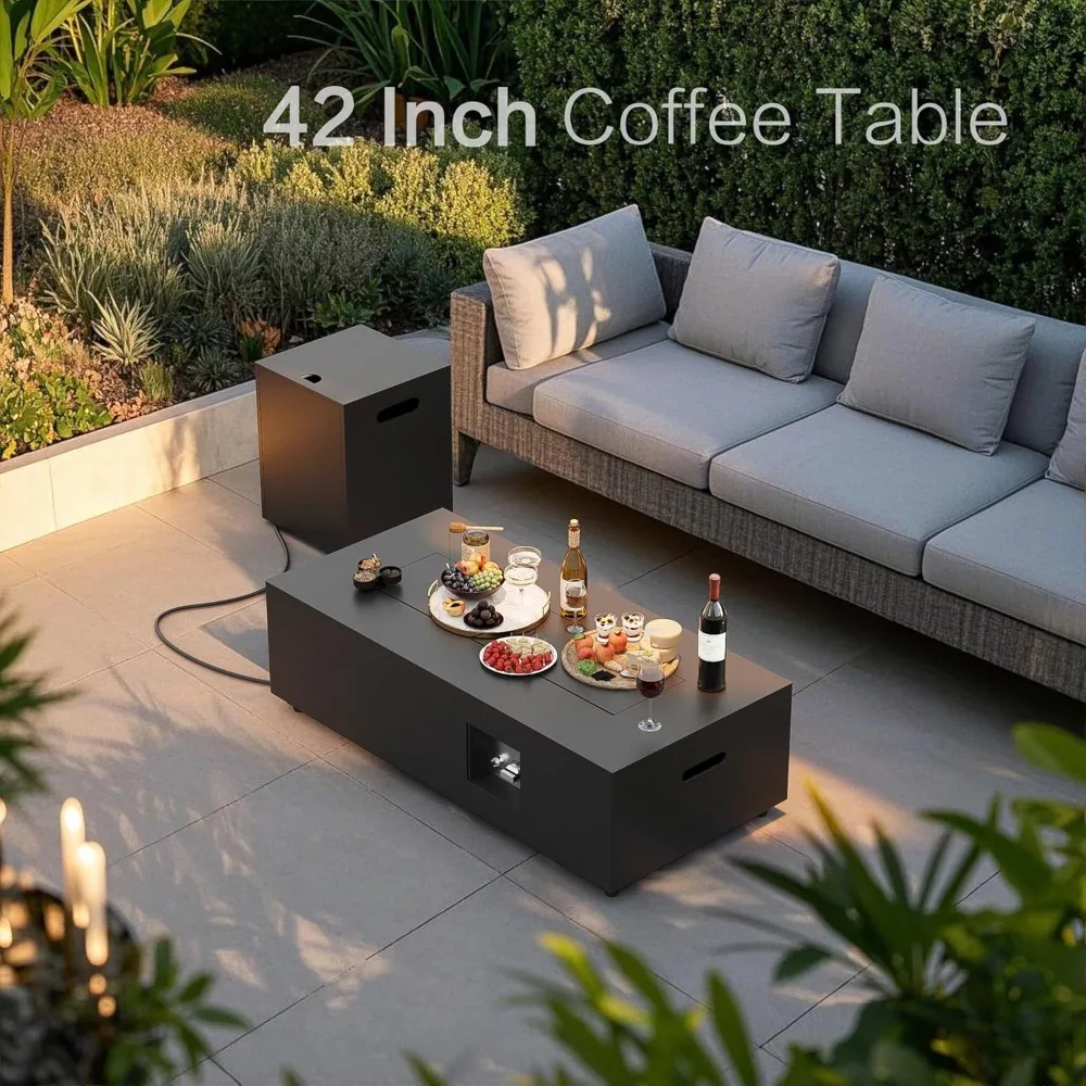 Outdoor 42-inch Gas Fire Pit Table with 50,000 BTU, Glass Windguard, Rocks, and Waterproof Cover 4
