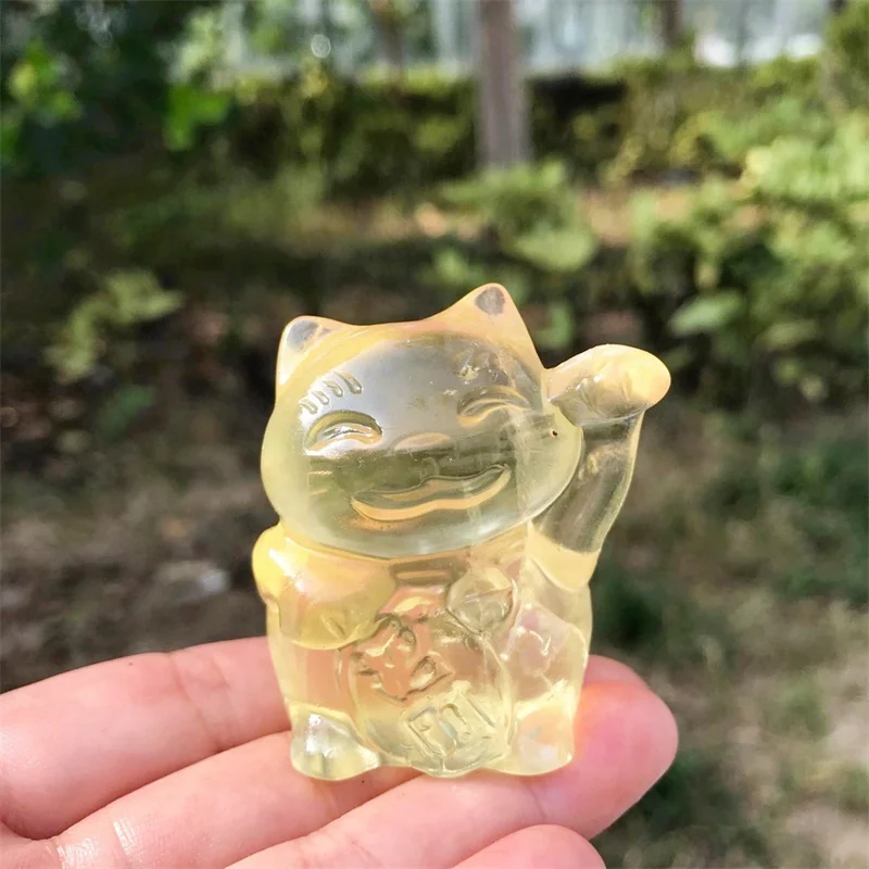 

Natural Citrine Fortune Cat Crystal Carving Home Decoration Healing Animal Christmas Health Children Gift 1pcs