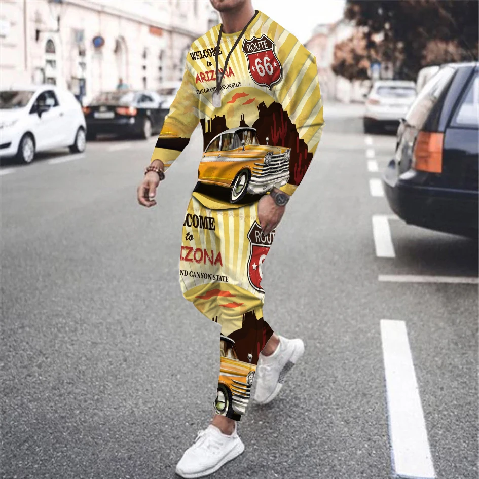 Men's Route 66 Pattern Tracksuit Long Sleeve T-Shirt Trousers Set Male Fashion Suit Oversized Streetwear Clothing Outdoor Outfit