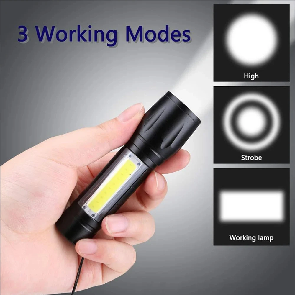 휴대용 LED + COB 손전등 미니 낚시 토치, 줌 가능한 초점 조명, 충전식 전술 램프, 캠핑 하이킹 비상 랜턴