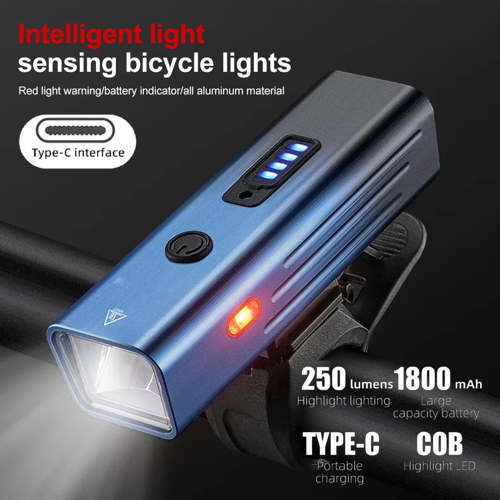 

Bicycle Headlight Front Lamp Type-C Rechargeable Flashlight Smart Light Sensing Head Light Warning Lamp 4 Mode for MTB Road Bike