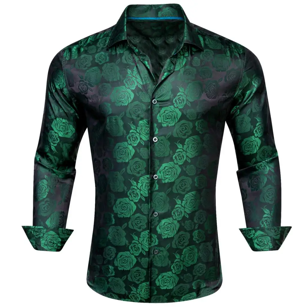 

Luxury Shirts for Men Silk Dark Green Floral Long Sleeve Slim Fit Male Blouese Casual Tops Formal Breathable Barry Wang