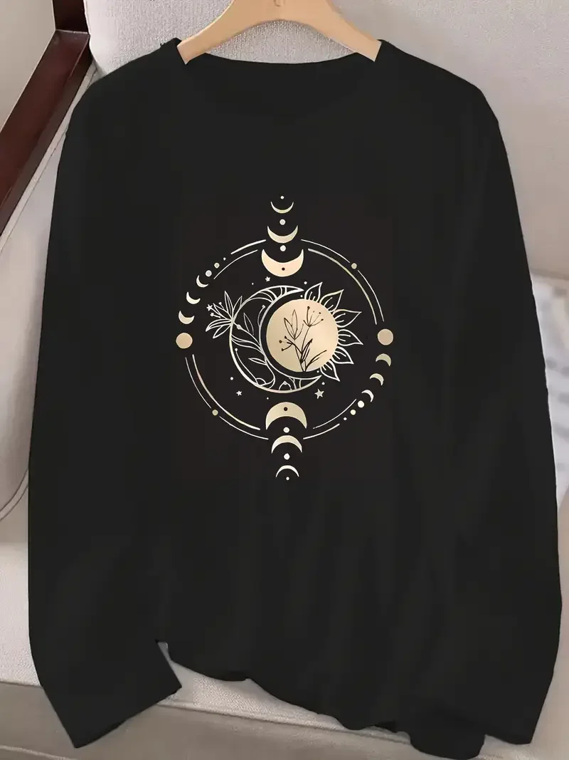Women's Long Sleeve T-Shirt Sun Moon Stars Floral Design Vintage T Shirt Women's Print T-Shirt Crew Neck Top Tee Tshirt Casual 2