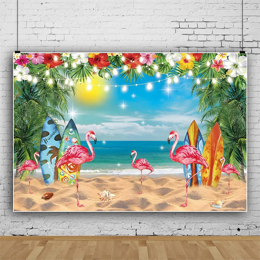 YongFoto Summer Luau Beach Party Backdrop 7x5ft Blue Sky Palm Coconut Tree Surfboard Flamingo Holiday Photography Background Tropical Tiki Party Hawaiian Aloha Party Banner Photoshoot Wallpaper