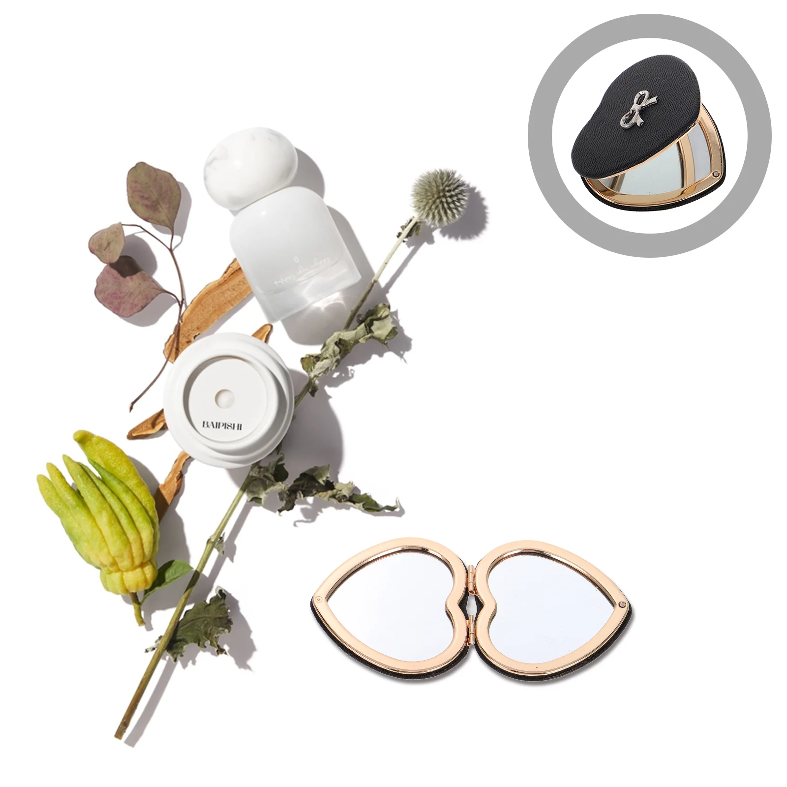 Makeup Mirror Mini Heart Shaped Portable Pocket Compact Dual Sided Folding Travel Size Hand Ladies