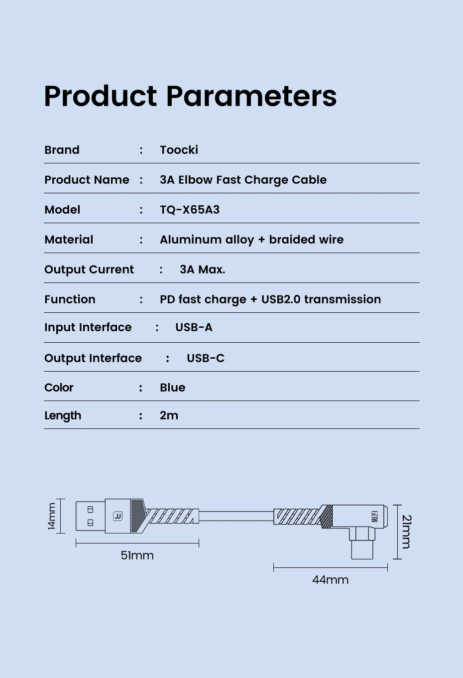 Toocki 90er ° Ellenbogen-USB-A-auf-Typ-C-Kabel 3A QC3.0 Blaues, mit Aluminium geflochtenes Schnelllade-USB-C-Kabel für iPhone 15, Samsung Power Bank – Detail 11