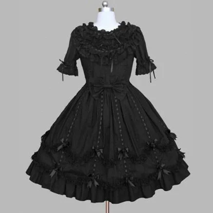 

Goth Black Retro Women Dress Medival Lace Up Floral Patchwork Slim Pullover Round Neck Gothic Style Elegant Lady Dress Summer