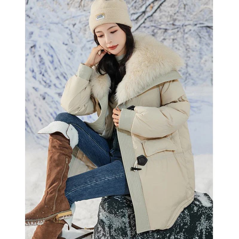 Women White Duck Down Jackets Warm Fur Fox Collar Oversize Winter Pregnant Medium Length Coats Clothes Loose Horn Buckle Black