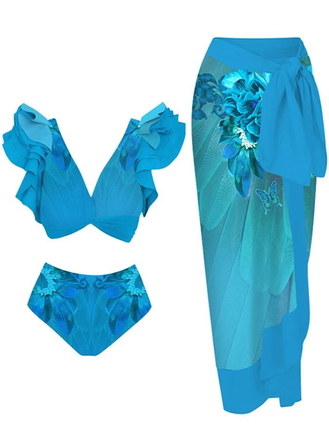 Blue Bright Print Fashion V-neck Lace Pleats Seaside Resort Symmetrical Two-piece Bikini And Cover Up 2023 Summer Women Newest