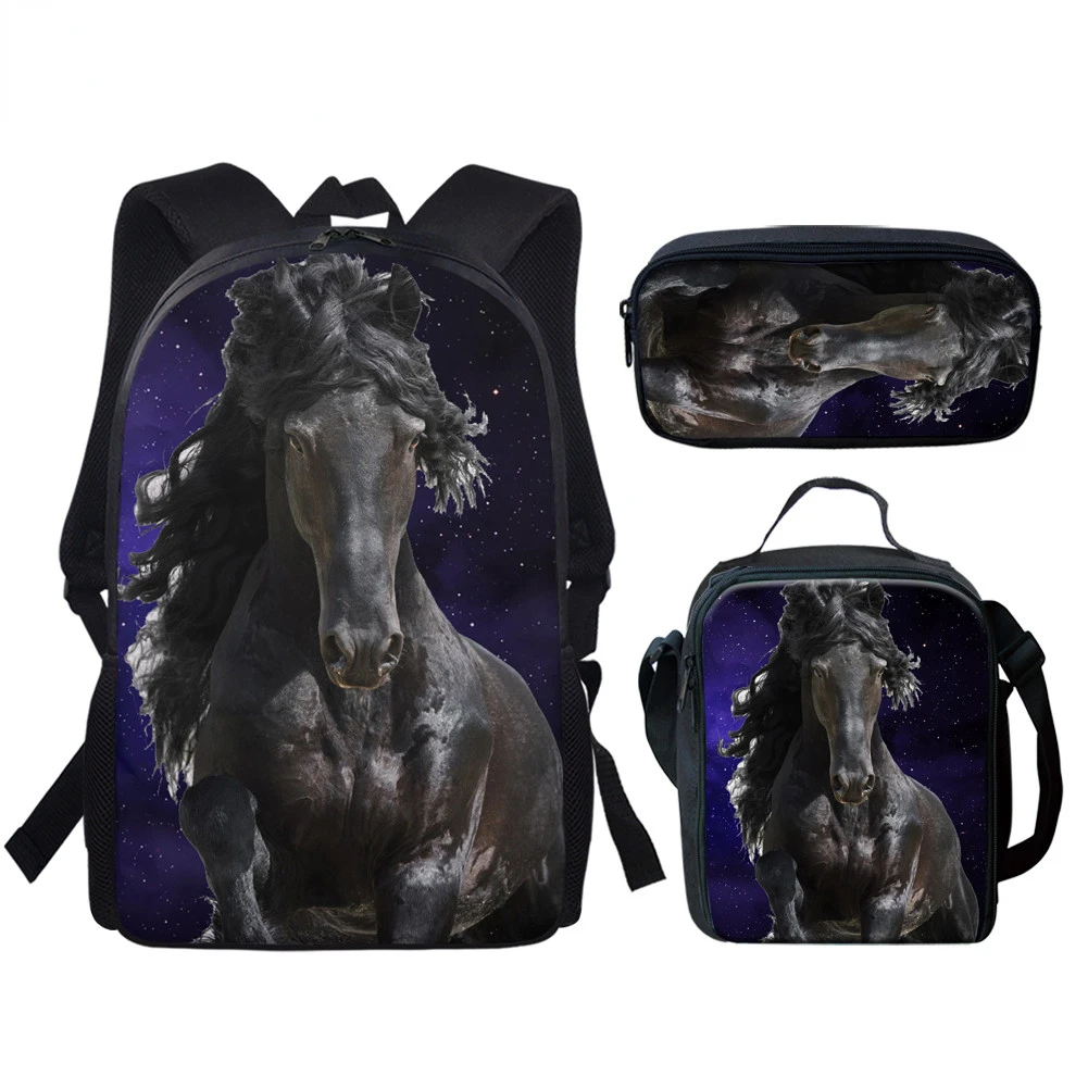 Classic Creative Funny Black White Horse 3D Print 3pcs/Set pupil School Bags Laptop Daypack Backpack Lunch bag Pencil Case