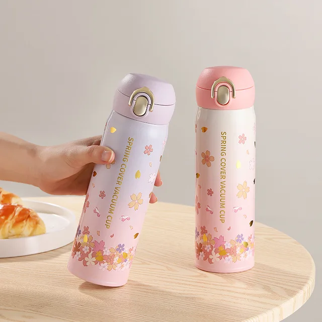 Japanese Sakura Water Bottle with Straw Lid Double Wall Pink Flowers  Thermos Bottle Vacuum Insulated Flask Stainless Steel Water Bottle for Gym