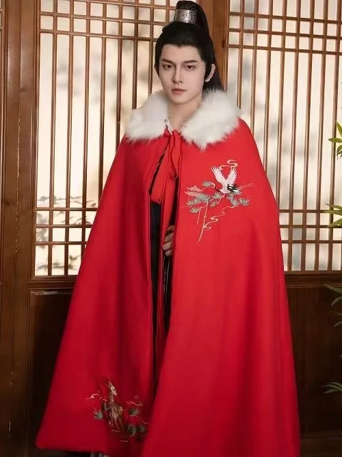 Immortal Crane Deer Cloak Men Women Plush Thicken Embroidered Robe Ancient Festive Chinese Couples Warm Shawl Hanfu Accessories china hanfu palace ancient waist jade ornament weaving taoist robe tassel waist pendant robe ancient chinese accessories gifts